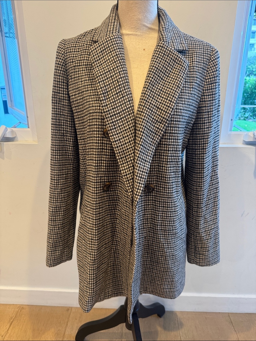 Sadie & Sage Women's Black & White Houndstooth Pea Coat blazer NWT